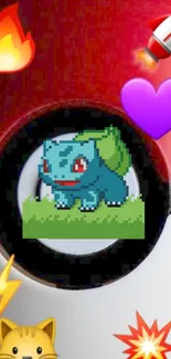 Pixel art Bulbasaur on a Pokeball background with emojis.