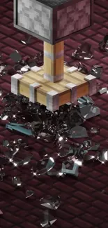 Pixel hammer shatters glass on a maroon floor.