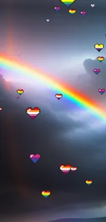 Vibrant wallpaper of pixel hearts with a rainbow across a dark cloudy sky.