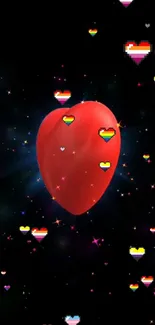 Vibrant pixelated red heart in cosmic space with colorful stars.