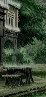 Pixelated rainy garden scene with lush greenery and vintage style.