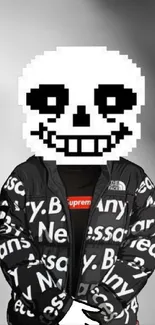 Pixelated skeleton in street fashion jacket with monochrome background.