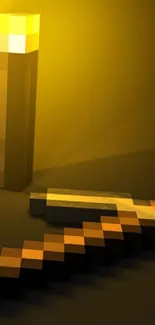 Pixel art wallpaper with a torch and a sword, glowing in golden hues.