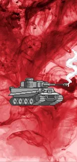 Pixelated tank in red smoke background, mobile wallpaper.