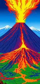 Vibrant pixel art of a volcano eruption with lava flow and colorful landscape.