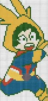 Pixelated animated character in a colorful outfit on a grid background.