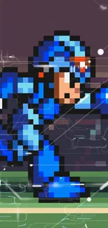 Pixelated blue hero running in dynamic pose on mobile wallpaper.