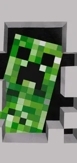 Green pixelated creeper breaking through a 3D brick wall on phone wallpaper.