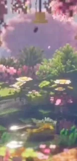 Pixelated fantasy garden with pond and flowers.