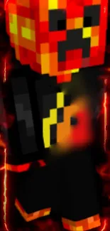 Pixelated fire character on a black background with vibrant flames.