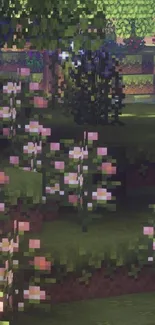 Pixelated garden landscape with flowers and greenery, inspired by Minecraft.