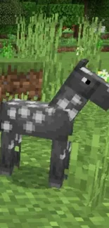 Pixelated horse in a green field.