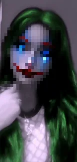 Pixelated joker-themed wallpaper with vibrant green hair and colorful face.