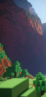 Pixelated mountain and forest wallpaper with green hues.