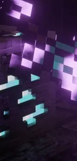 Glowing voxel art wallpaper in purple and teal blocks.