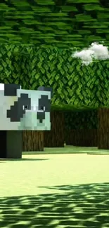 Pixelated panda in a lush green forest with a digital design flair.