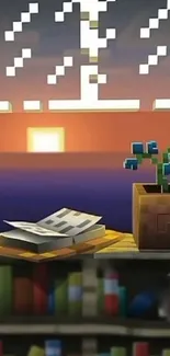 Pixel art wallpaper featuring a sunrise, book, and potted plant.