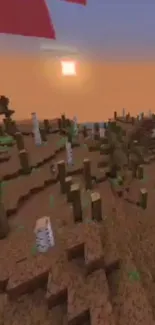 Pixelated Minecraft sunset landscape with blocky terrain.