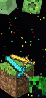 Colorful pixelated sword and block art on black background.