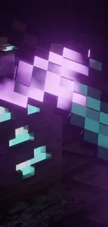 Pixelated sword glowing in neon purple and teal on a dark background.