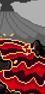 Pixel art of a volcano erupting with red lava flowing down.