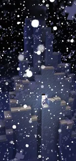 Pixelated winter scene with falling snowflakes on dark blue background.