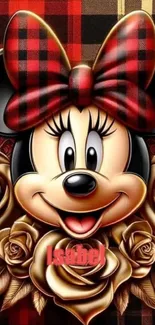 Cartoon character with plaid bow and roses.