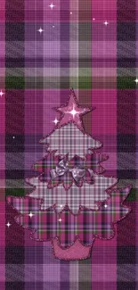 Plaid Christmas tree wallpaper with magenta and green hues for festive decor.