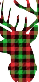 Plaid deer silhouette in red and green on a white background, perfect for mobile wallpaper.