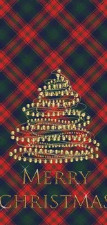 Plaid pattern Merry Christmas tree wallpaper with lights.