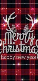 Red plaid Christmas wallpaper with antlers and greeting.