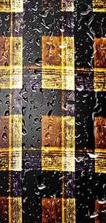 Mobile wallpaper with plaid pattern and raindrop effect in black, gold, and brown.