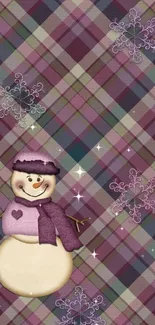 Charming plaid wallpaper with snowman and snowflakes.