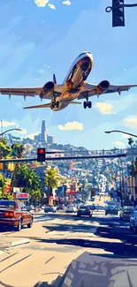 Illustrated airplane over busy city street with palm trees.