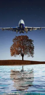 Plane flies over tree reflecting in water under a starry sky.