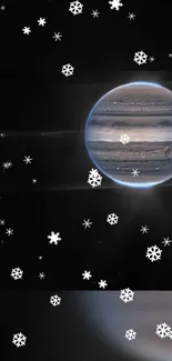 A planet with surrounding snowflakes in space-themed wallpaper.