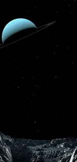 Planet with rings in starry night sky.