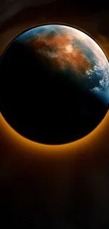 A stunning mobile wallpaper of a planet eclipse with black and orange hues.