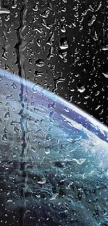 Planet viewed through raindrop-covered window on a mobile wallpaper.