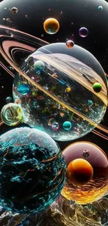 Colorful planet-like spheres in space wallpaper showcasing cosmic beauty.