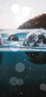 Surreal artwork of planets floating in water blending space and Earth elements.