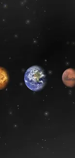 Three planets aligned in outer space with starry background.