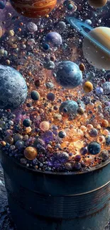 Overflowing planets from barrel in cosmic scene mobile wallpaper.