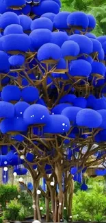 Vibrant blue pom-pom tree with intricate branches.