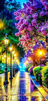 Colorful night street with purple flowers and warm lights.