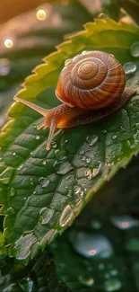 Snail resting on a dewy green leaf with soft glowing bokeh in the background.