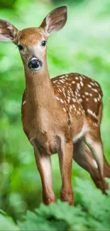 Adorable baby fawn standing in lush green forest background.