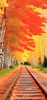 Autumn railway path lined with vibrant red leaves.