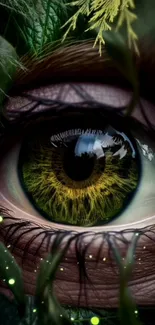 Mesmerizing eye amidst dark green foliage, blending nature with mystery.