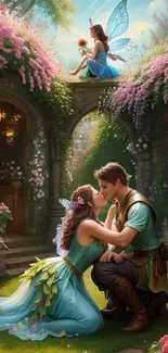 Romantic couple with fairy in a magical garden.